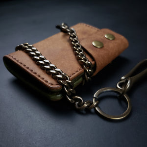 6 Pocket Biker Wallet – Walnut & Olive / Antique Brass
