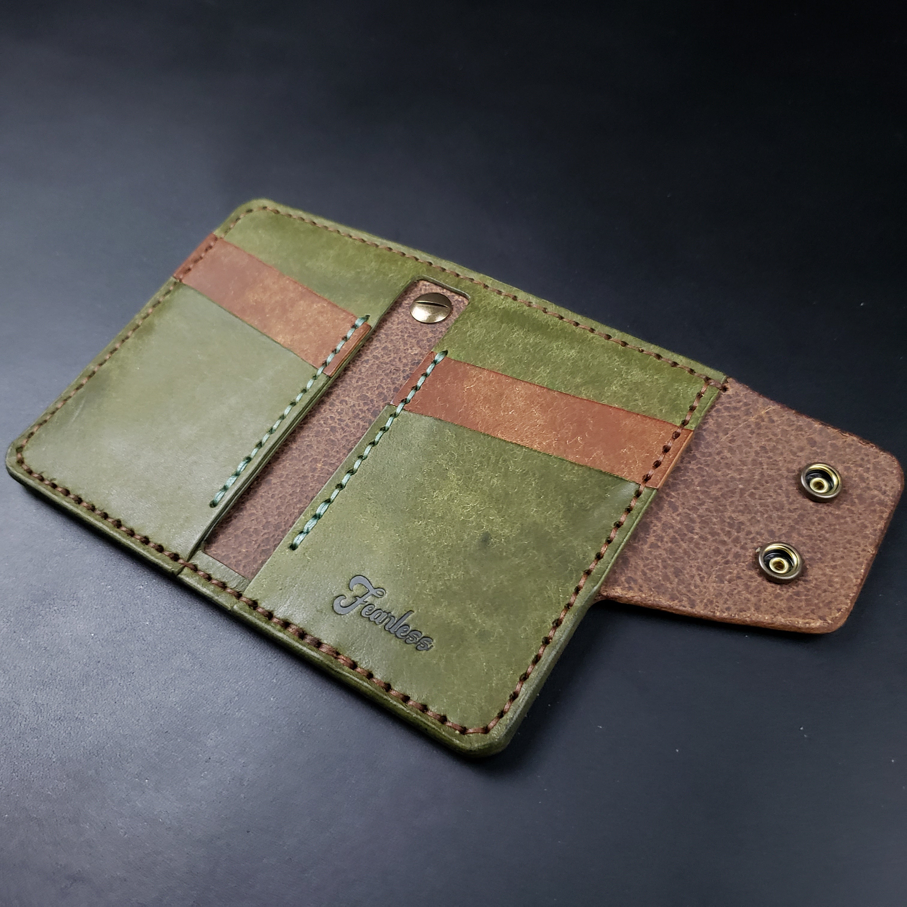 6 Pocket Biker Wallet – Walnut & Olive / Antique Brass