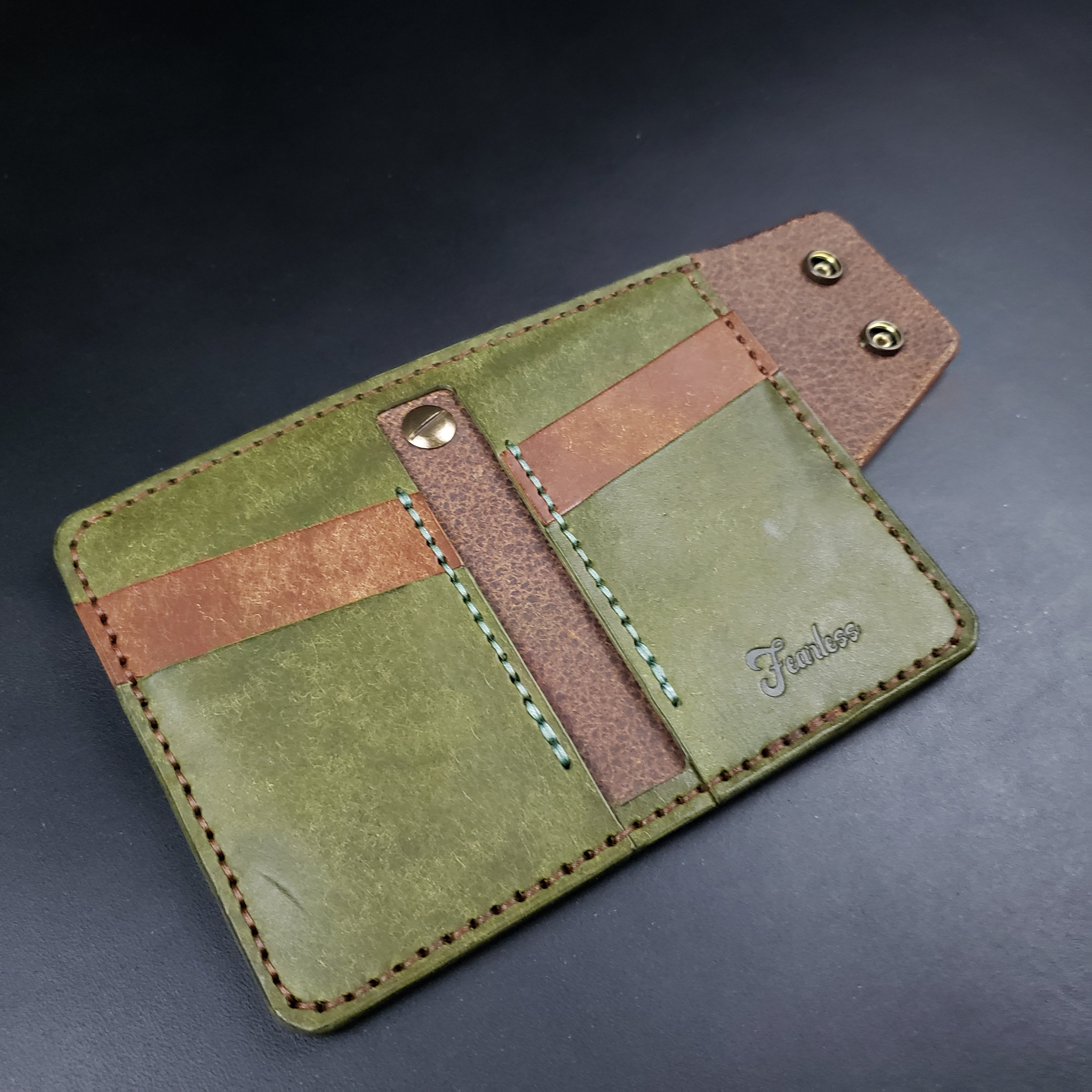 6 Pocket Biker Wallet – Walnut & Olive / Antique Brass