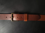 Load image into Gallery viewer, stitched BROWN LEATHER BELT - antique brass buckle
