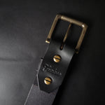 Load image into Gallery viewer, BLACK LEATHER BELT - antique brass buckle
