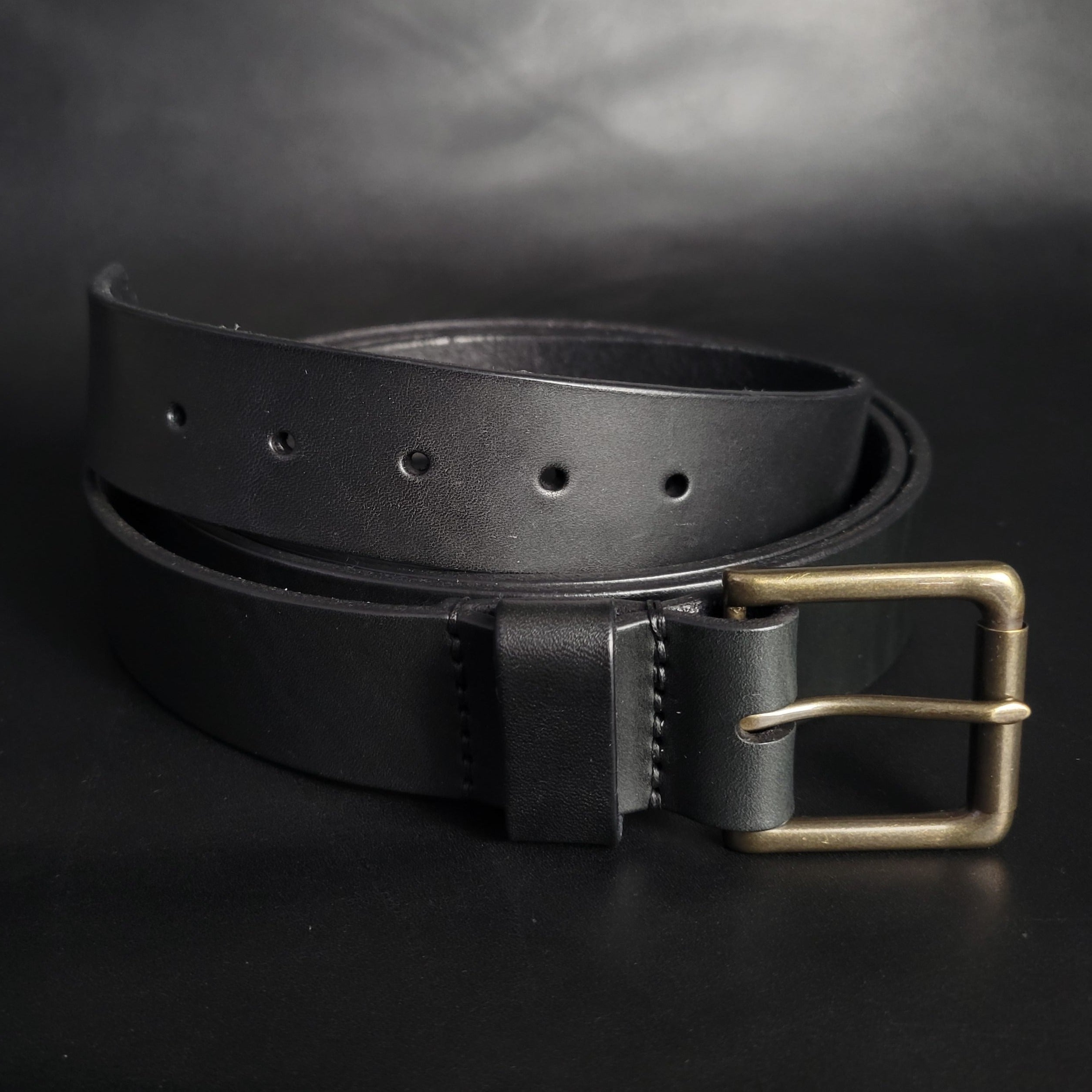 stitched BLACK LEATHER BELT - antique brass buckle