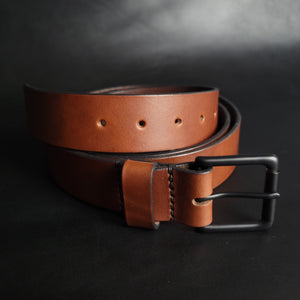 stitched BROWN LEATHER BELT - black matte buckle