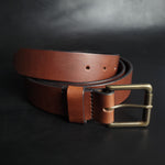 Load image into Gallery viewer, stitched BROWN LEATHER BELT - antique brass buckle
