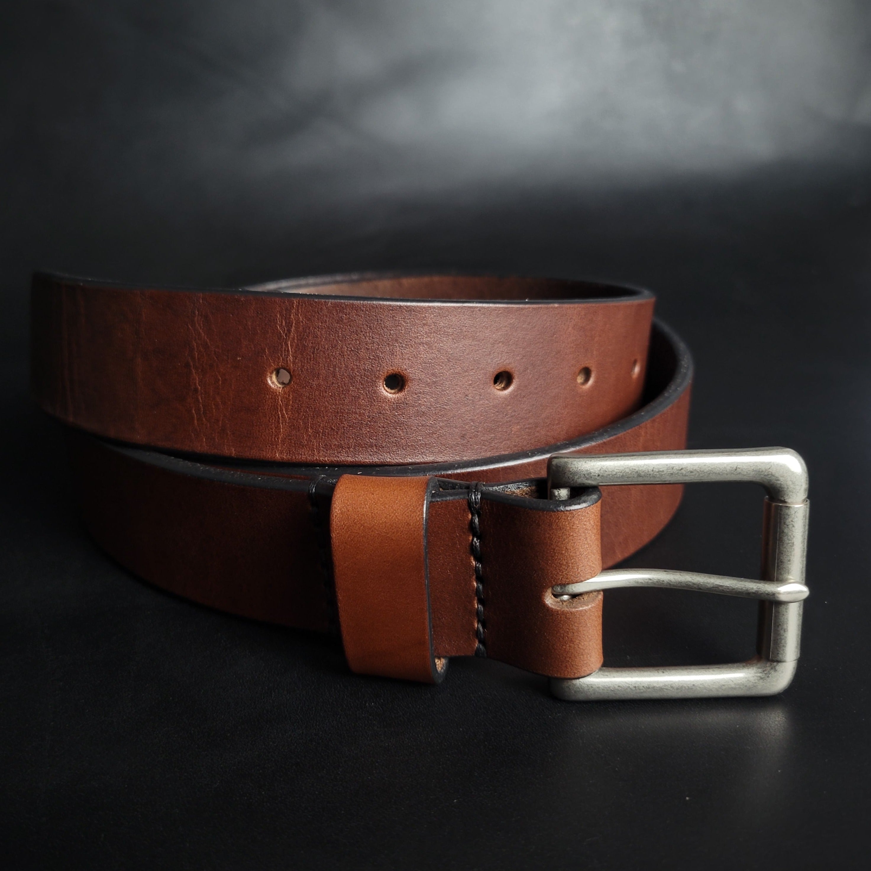 stitched BROWN LEATHER BELT - nickel matte buckle