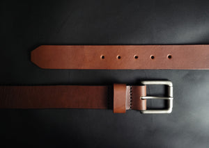 stitched BROWN LEATHER BELT - nickel matte buckle