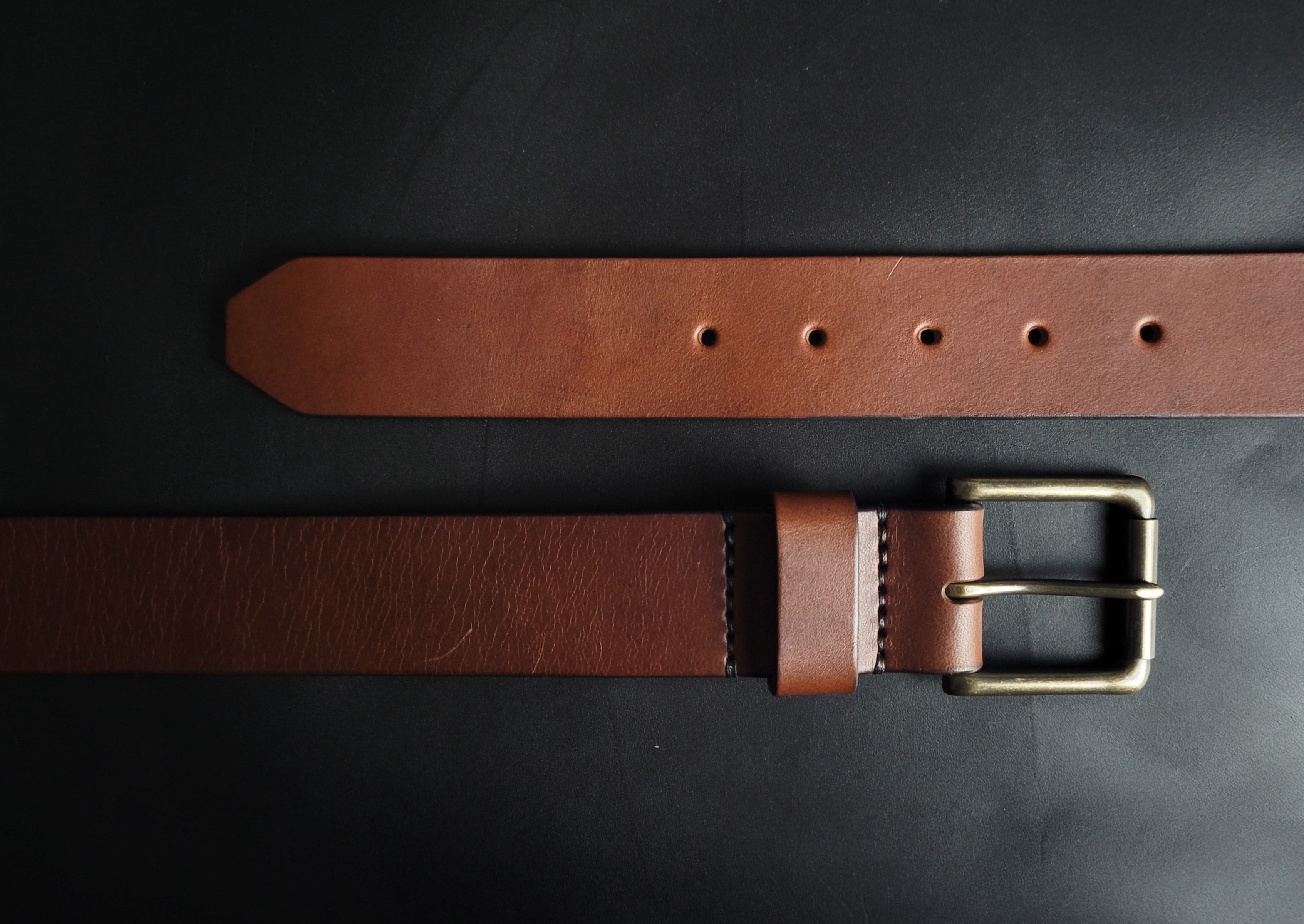 stitched BROWN LEATHER BELT - antique brass buckle