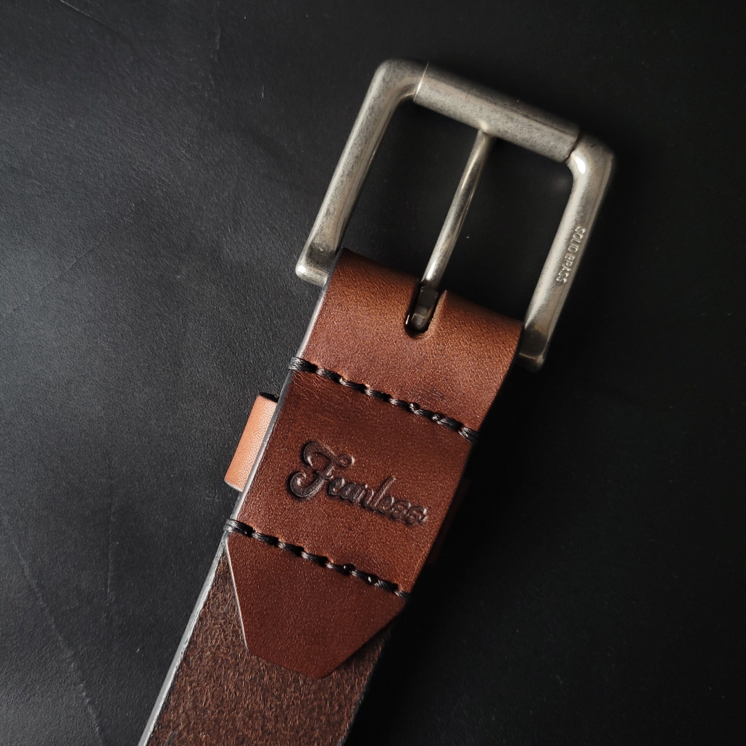 stitched BROWN LEATHER BELT - nickel matte buckle