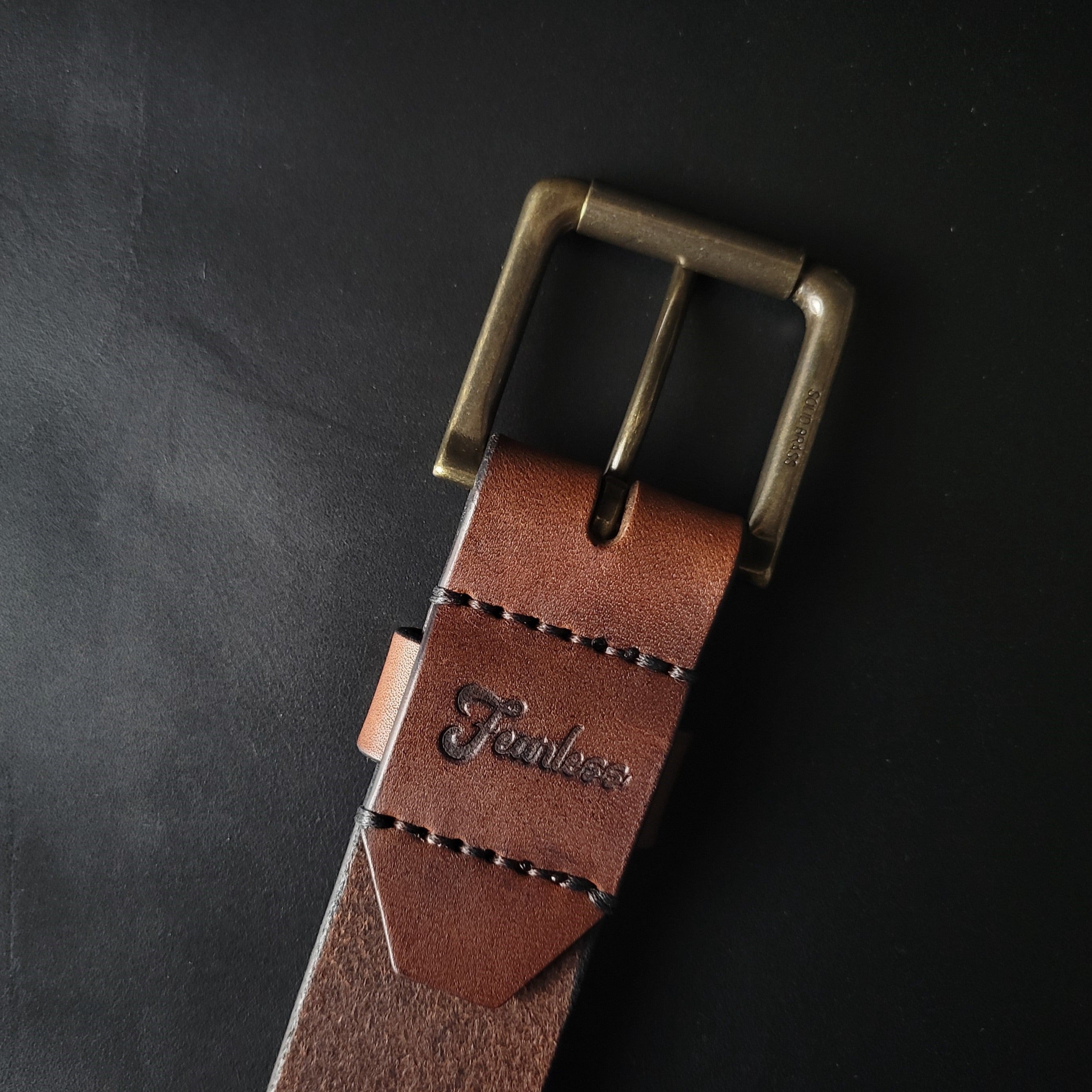 stitched BROWN LEATHER BELT - antique brass buckle