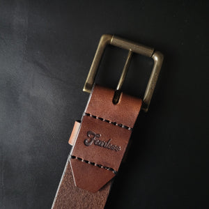 stitched BROWN LEATHER BELT - antique brass buckle