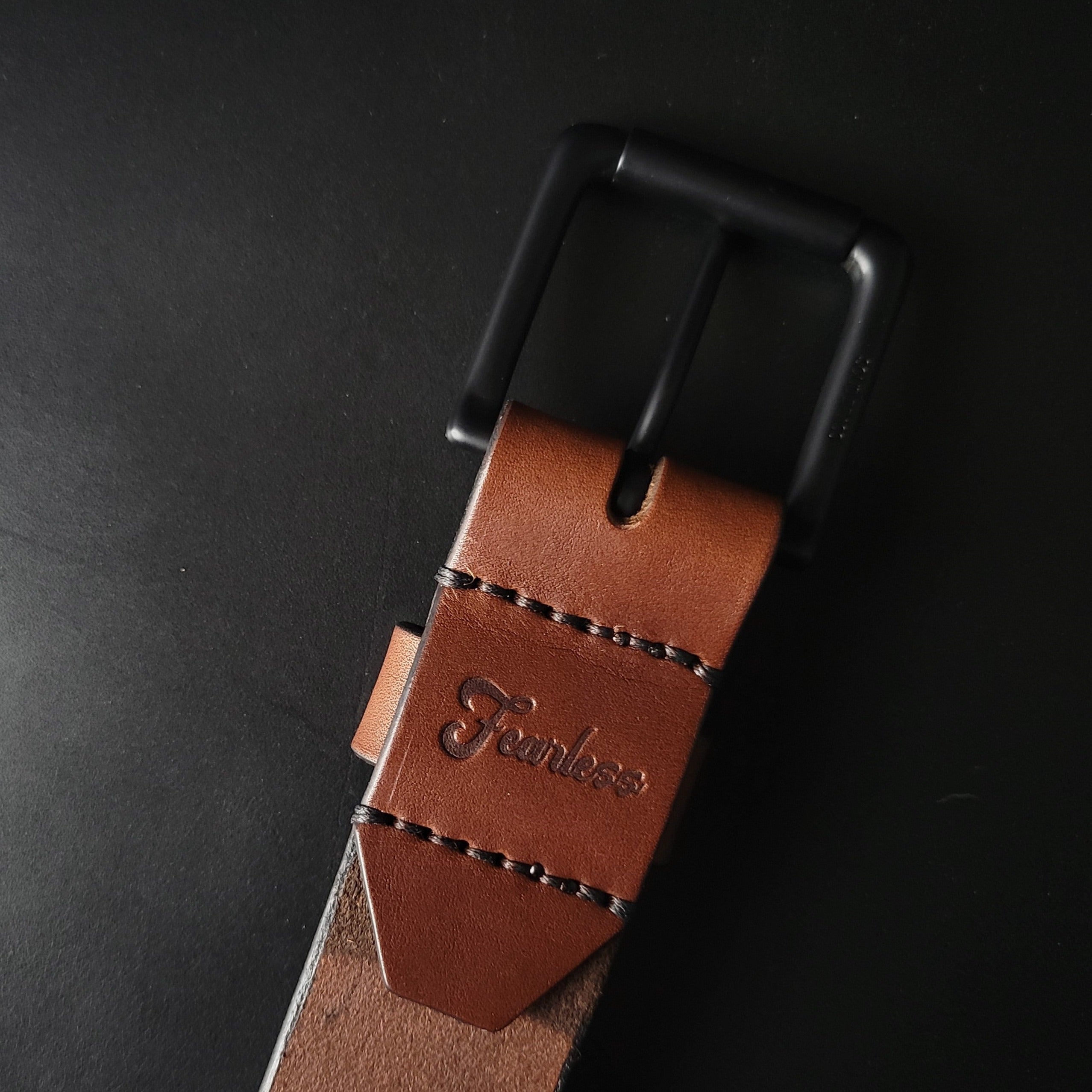 stitched BROWN LEATHER BELT - black matte buckle