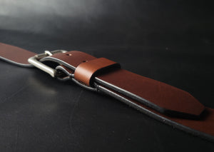 stitched BROWN LEATHER BELT - nickel matte buckle